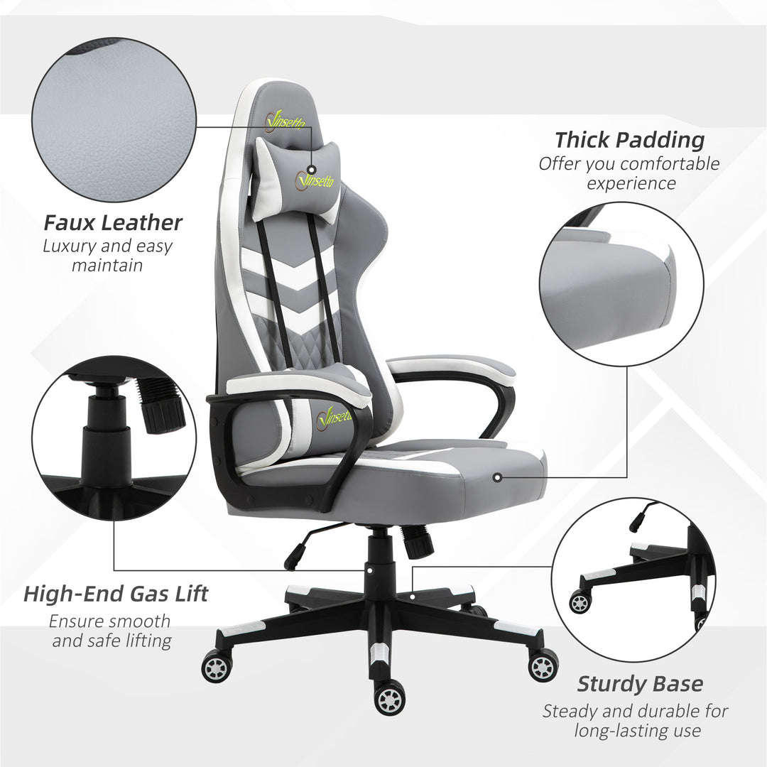 Gaming Chair, Computer Desk Chair with Lumbar Support, Faux Leather Racing Chair with Headrest and Swivel Wheels for Home Office, Grey White