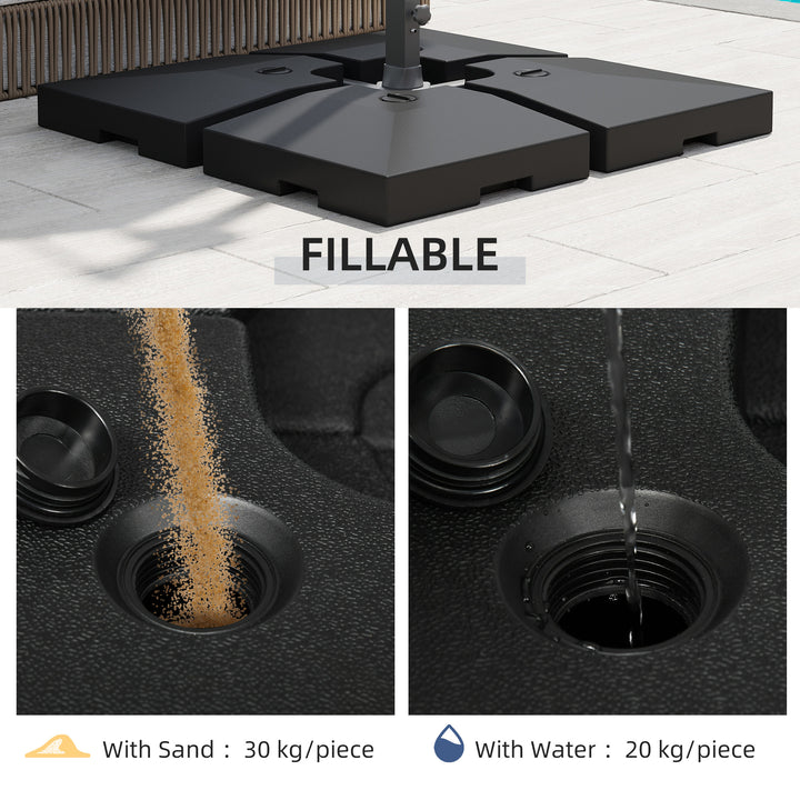4 Pieces Fillable Parasol Base, Heavy Duty Umbrella Weights for Cross Stand, Square Holder for Cantilever Parasol, Total 120KG Sand/ 80L Water Filled (Metal Pole & Cross Stand NOT INCLUDED)