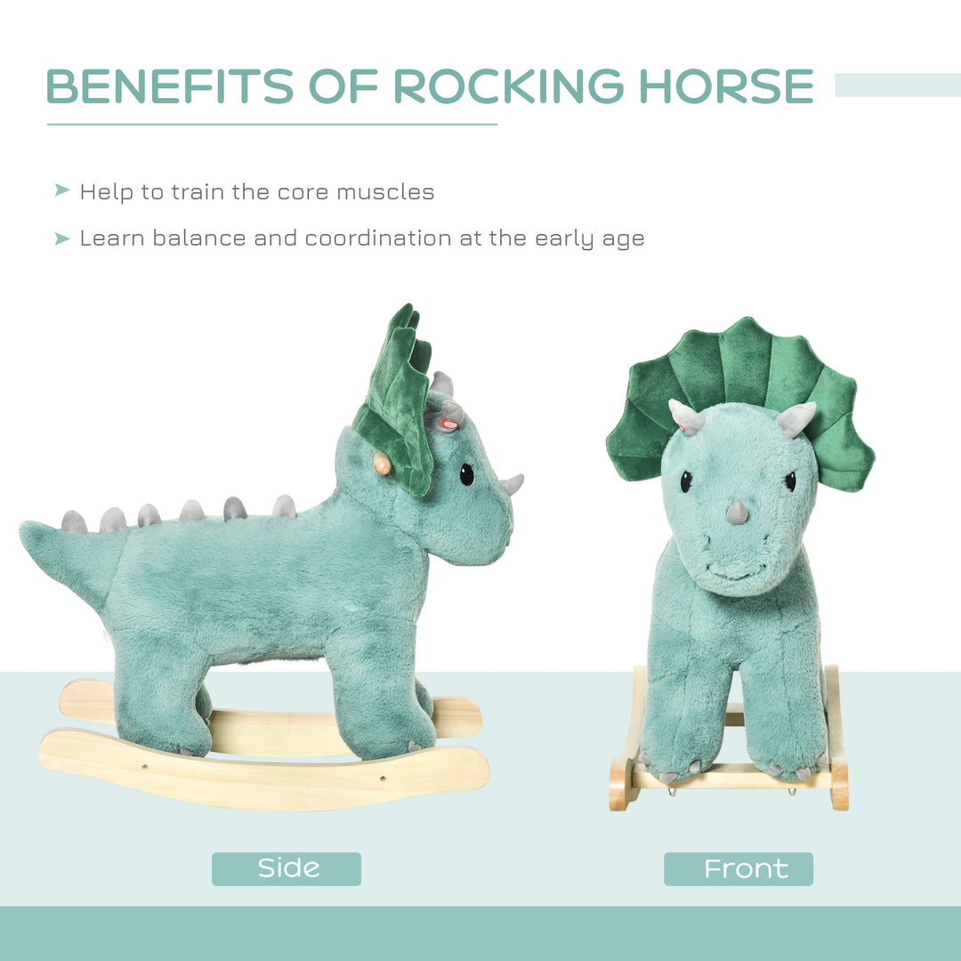 HOMCOM Kids Plush Ride-On Rocking Horse Triceratops-shaped Plush Toy Rocker with Realistic Sounds for Child 36-72 Months Dark Green