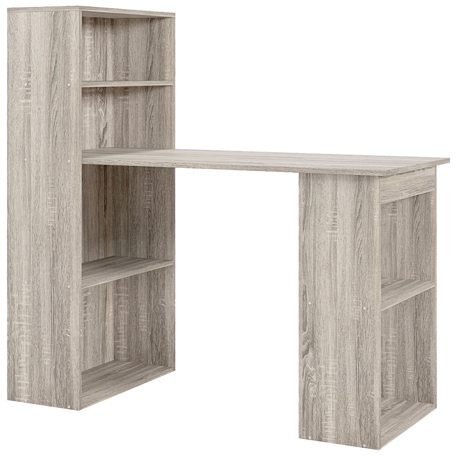 120cm Computer Desk, Wooden PC Laptop Table with 6-Tier Storage Bookshelves, Home Office Working Study Desk, Writing Workstation, Grey