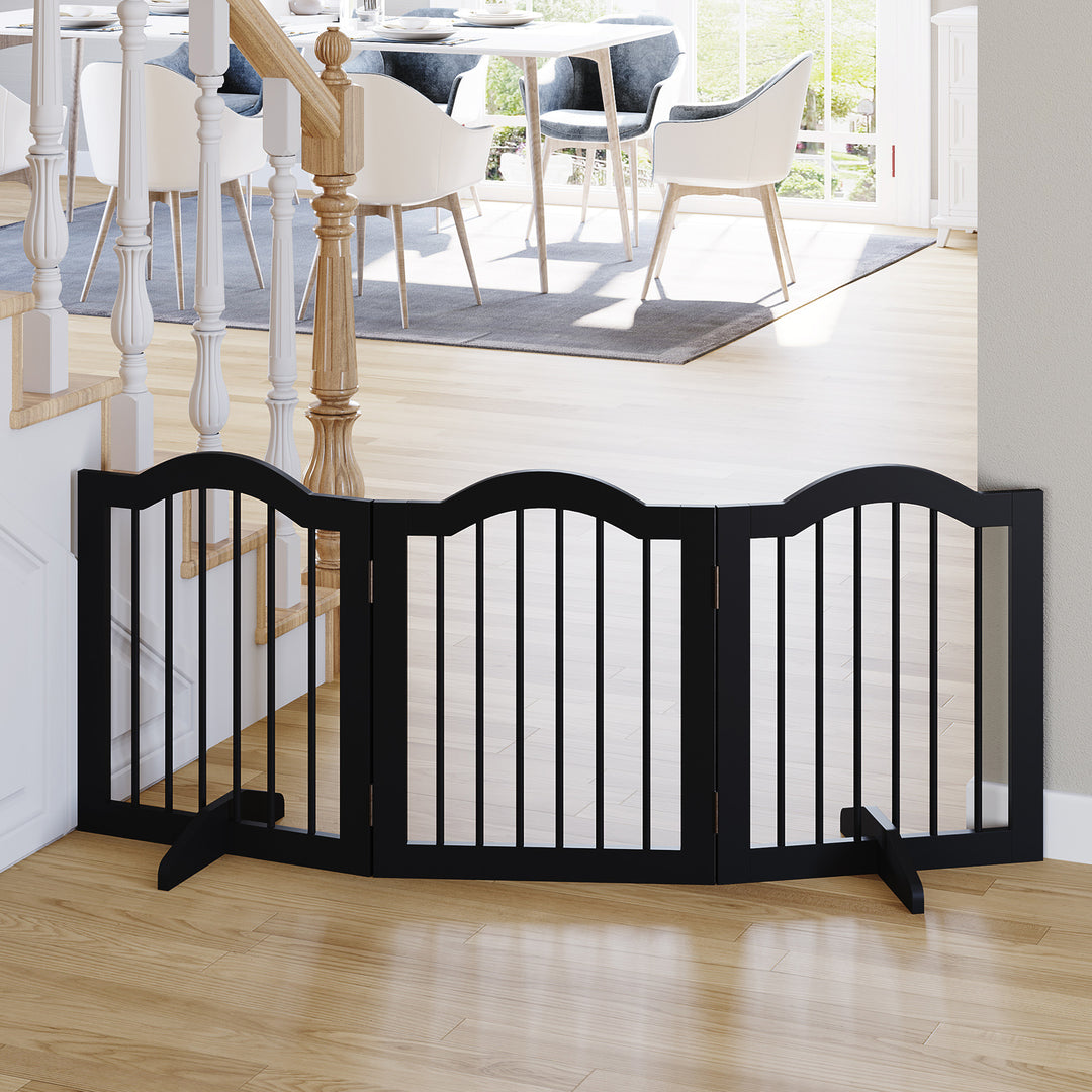 PawHut Freestanding Dog Gate, Wooden Foldable Pet Fence, Safety Barrier for House Doorway Stairs, with Support Feet, Small, Black | Aosom UK