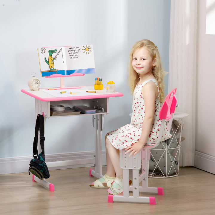 HOMCOM Children's Study Desk and Chair Set, Adjustable Height with Drawer, Bookshelf, Cup Holder & Pen Groove, Pink