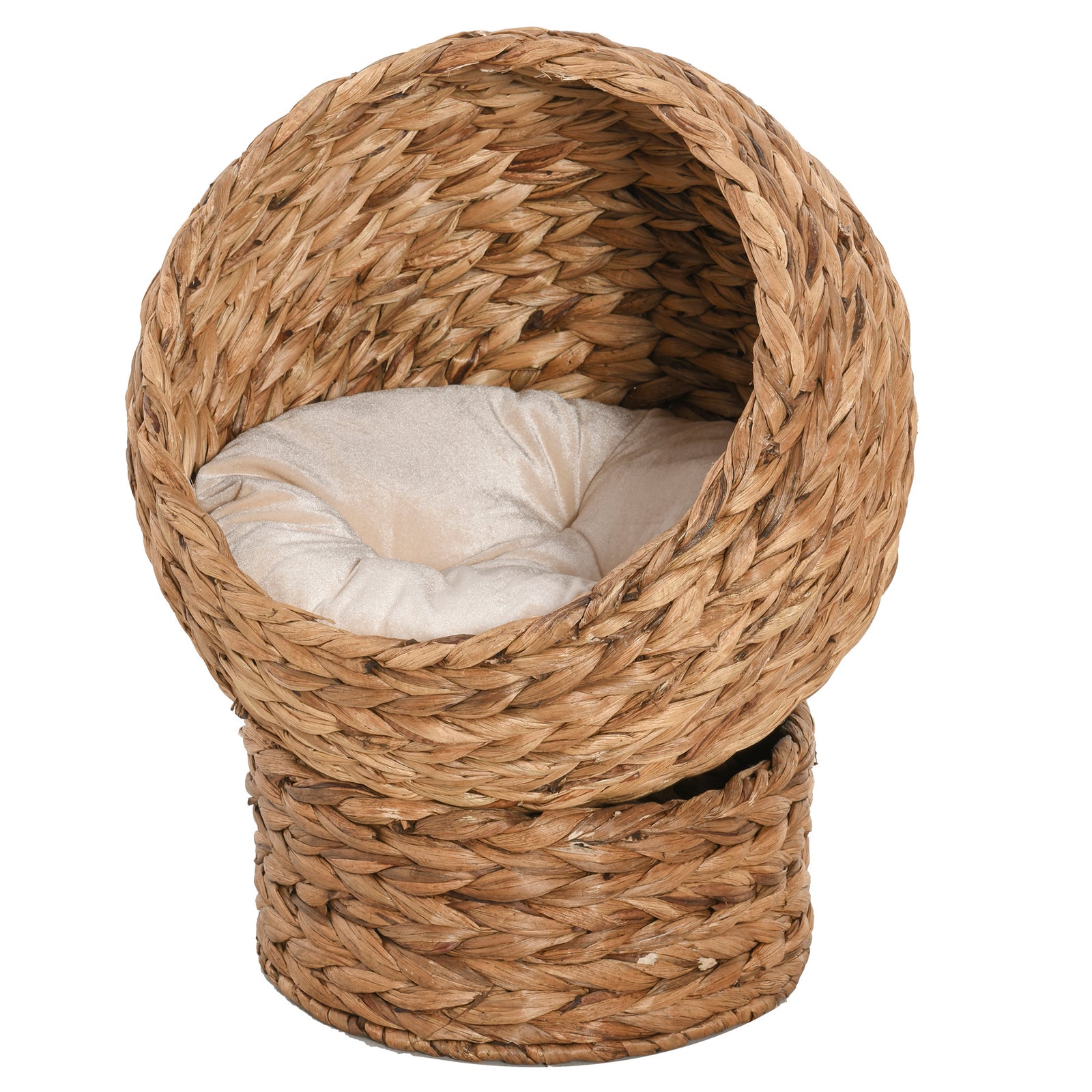 Wicker Cat Bed, Raised Rattan Cat Basket with Cylindrical Base, Soft Washable Cushion, 50 x 42 x 60 cm - Brown