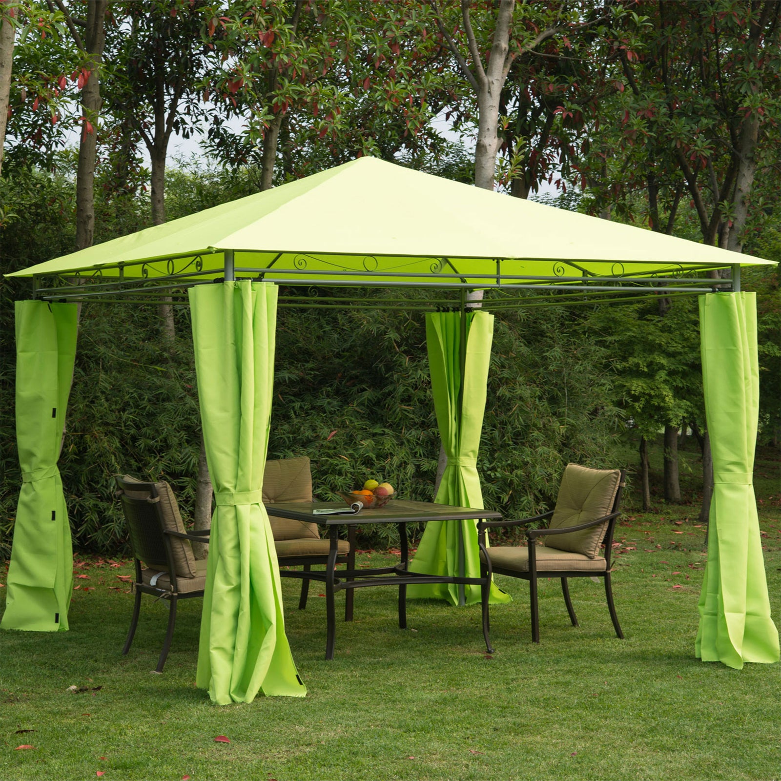 3 x 3(m) Garden Gazebo, Outdoor Gazebo Canopy Shelter with Curtains and Steel Frame for Lawn, Yard and Deck, Green
