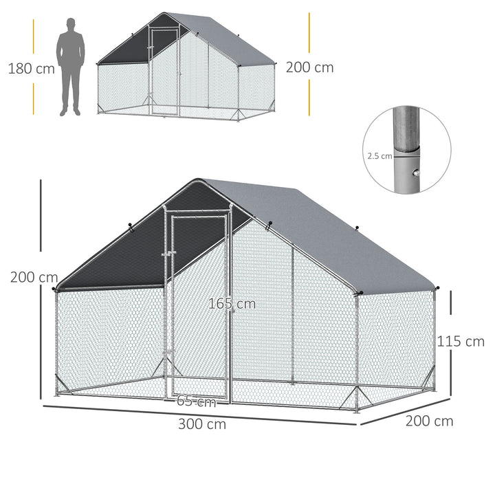 PawHut Walk-In Chicken Run, Galvanized Chicken Coop Hen Poultry House Cage Rabbit Hutch Pet Playpen Backyard w/ Water-Resist Cover, 3 x 2 x 2m