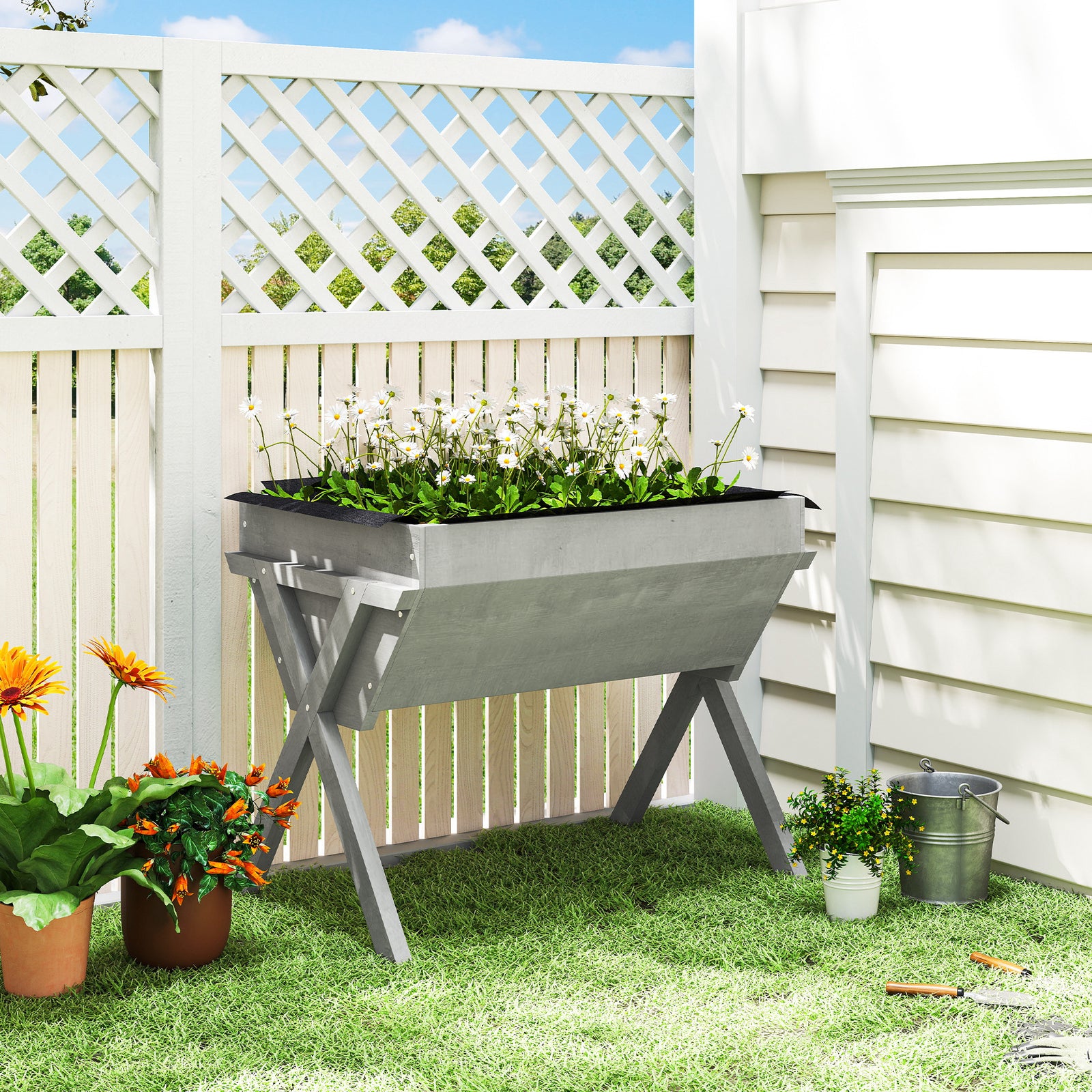 Wooden Raised Garden Bed with Bed Liner, Elevated Planter Box with Leg