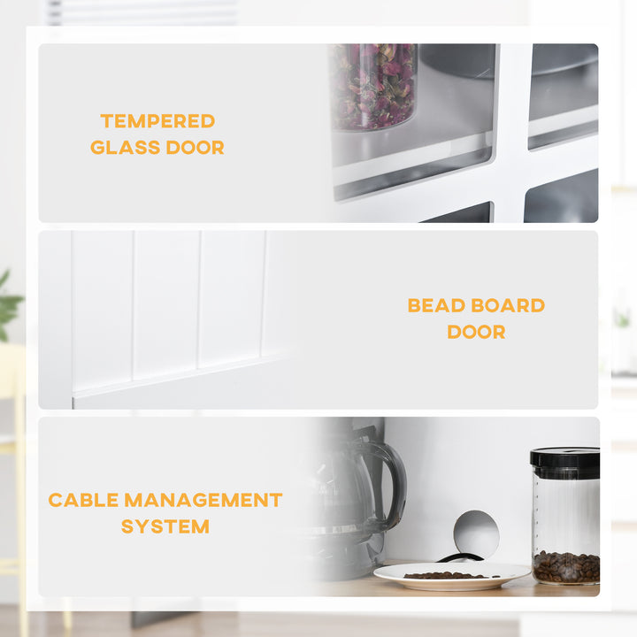 Freestanding Kitchen Cupboard, Kitchen Storage Cabinet with Framed Glass Doors, 2 Drawers, Microwave Counter, White
