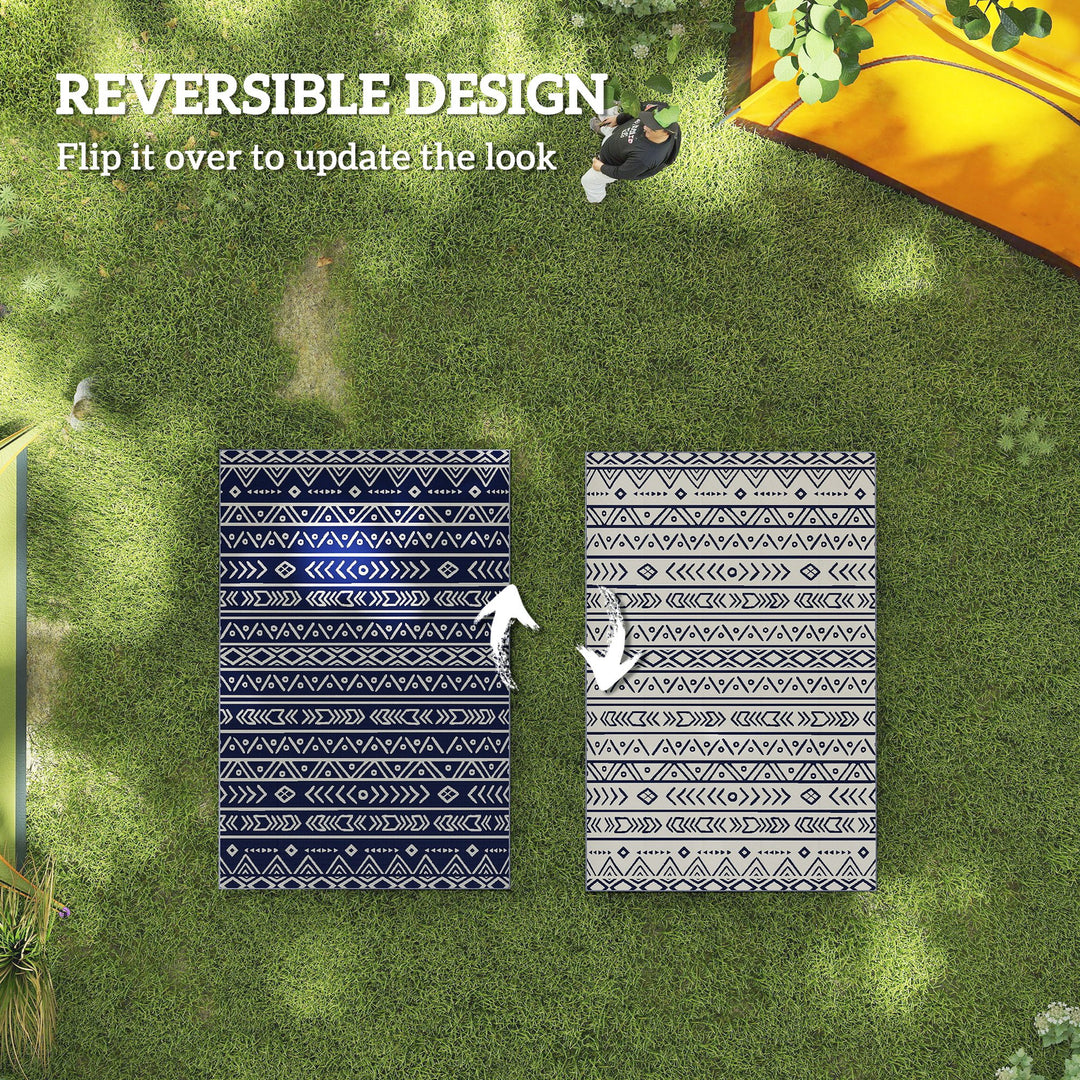 Reversible Outdoor Rug with Carry Bag, Waterproof Plastic Straw Mat for Garden, Deck, RV, Picnic, Beach, Camping, 182 x 274cm, Dark Blue and White