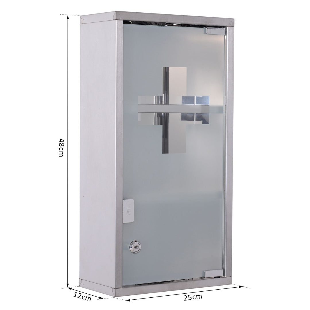 HOMCOM Lockable Medicine Cabinet: Stainless Steel Wall-Mounted Unit with 2 Shelves & Security Glass Door, 48cm Height | Aosom UK