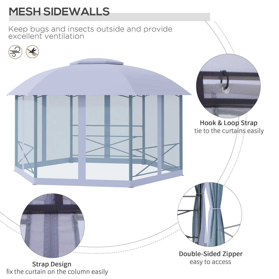 Outsunny 4 x 4.7(m) Patio Metal Gazebo Canopy, Hexagon Shape Garden Tent Sun Shade, Outdoor Shelter with 2 Tier Roof, Netting, Steel Frame, Grey