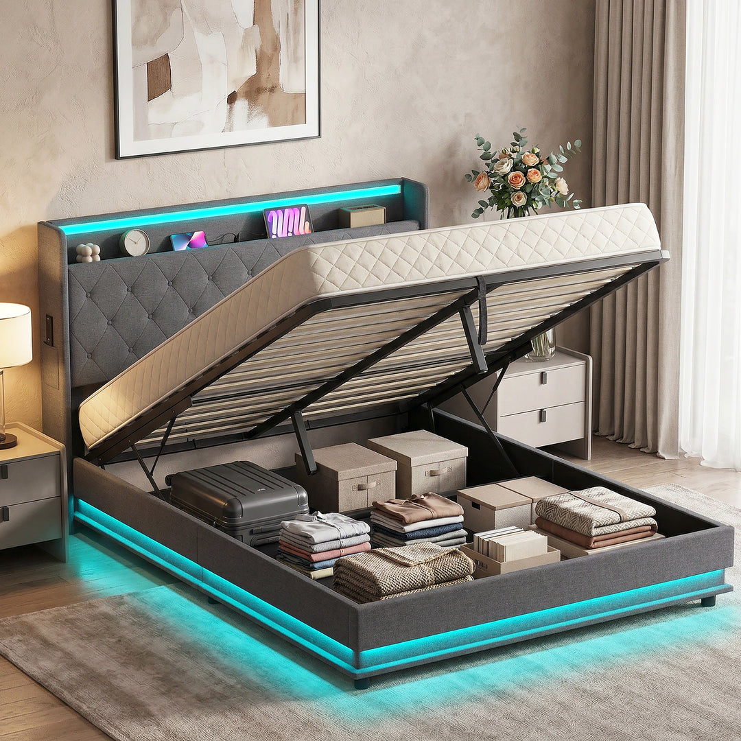 5ft King Bed Frame with Headboard, Platform Bed Frame with Hydraulic S