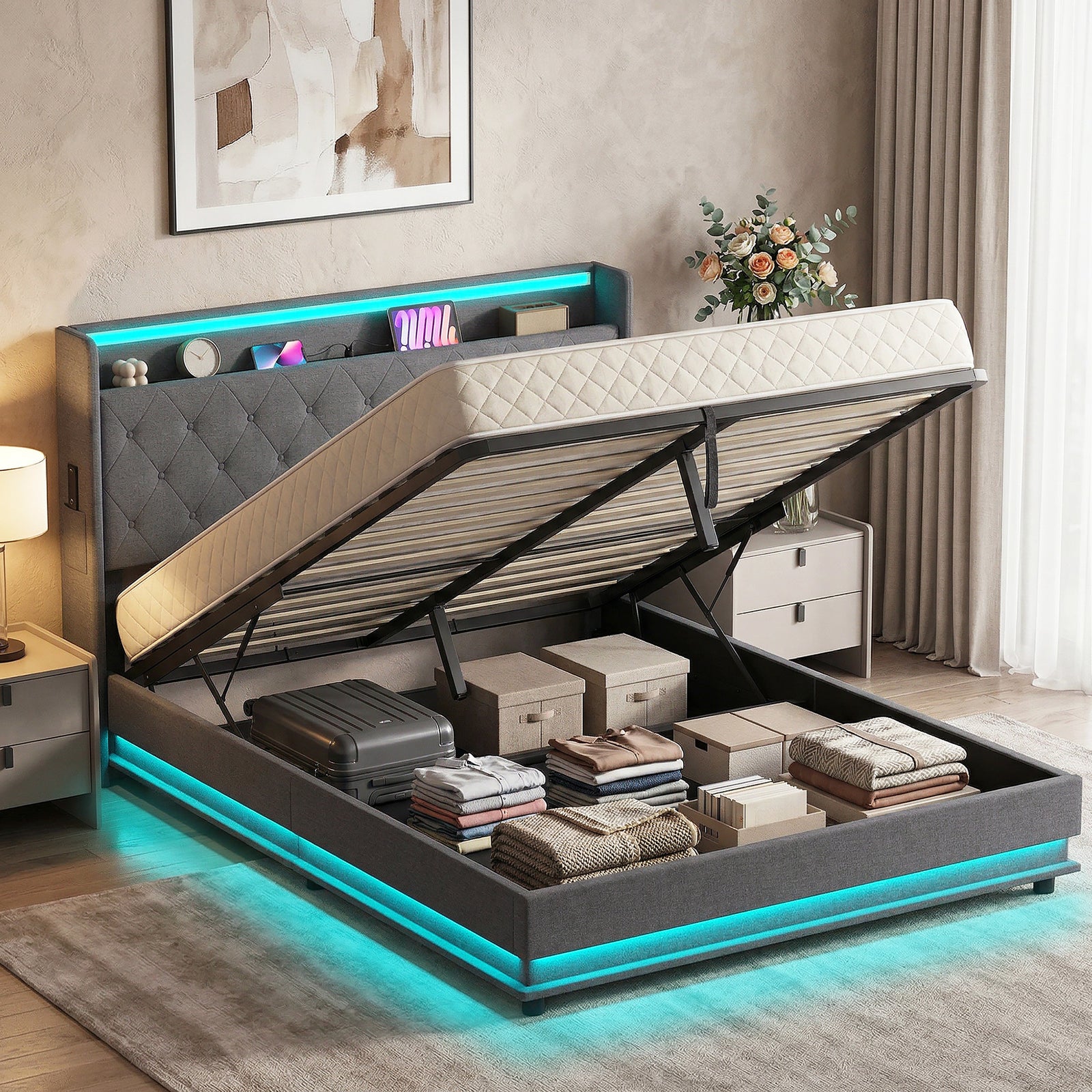 5ft King Bed Frame with Headboard, Platform Bed Frame with Hydraulic S