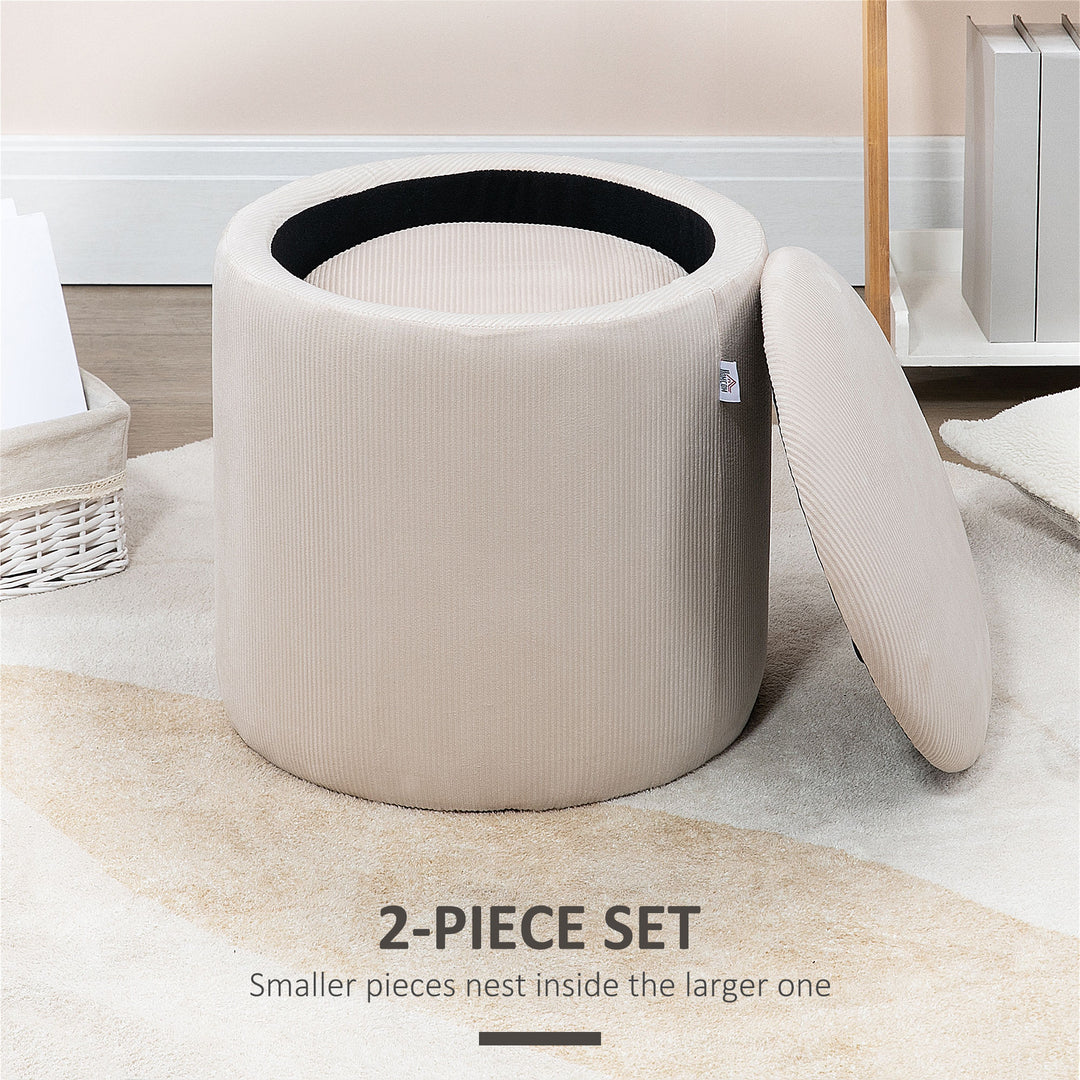 HOMCOM Modern Storage Ottoman with Removable Lid, Fabric Storage Stool, Foot Stool, Dressing Table Stool Side Table, Set of 2, Cream White