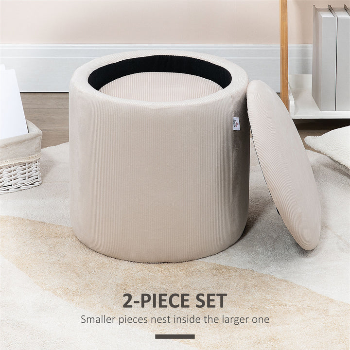 HOMCOM Modern Storage Ottoman with Removable Lid, Fabric Storage Stool, Foot Stool, Dressing Table Stool Side Table, Set of 2, Cream White