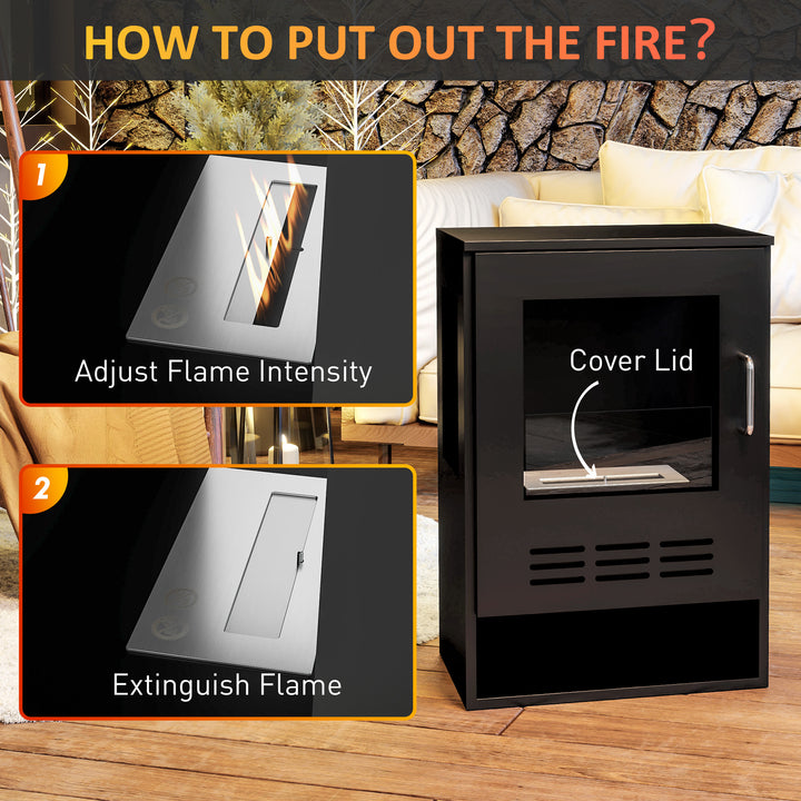 Ethanol Fireplace Stove with Shelf, Freestanding Bioethanol Fire, Indoor Ethanol Burner with 0.9 Litres Volume, Burns for Up to 3.3 Hours, 27 Inch, Black
