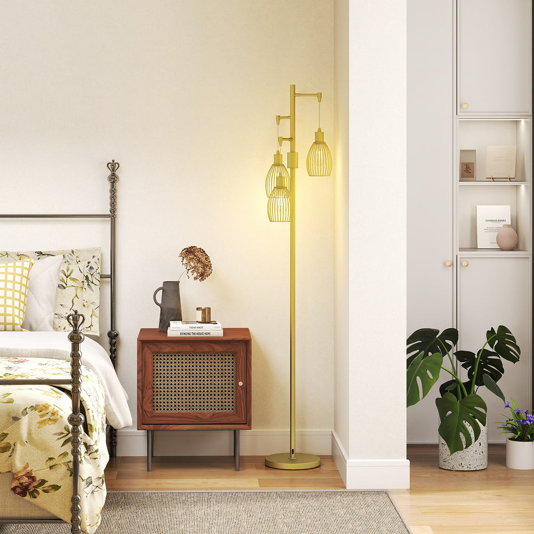 3-Light Floor Lamp, 170cm Industrial Dimmable Standing Lamp with Steel Wire Cage Lampshades for Living Room, Bedroom, Dining Room, Study, Gold Tone