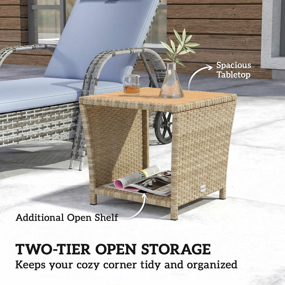 Side Table 2-Tier Outdoor Coffee Table with Storage Shelf PS Wood Slat
