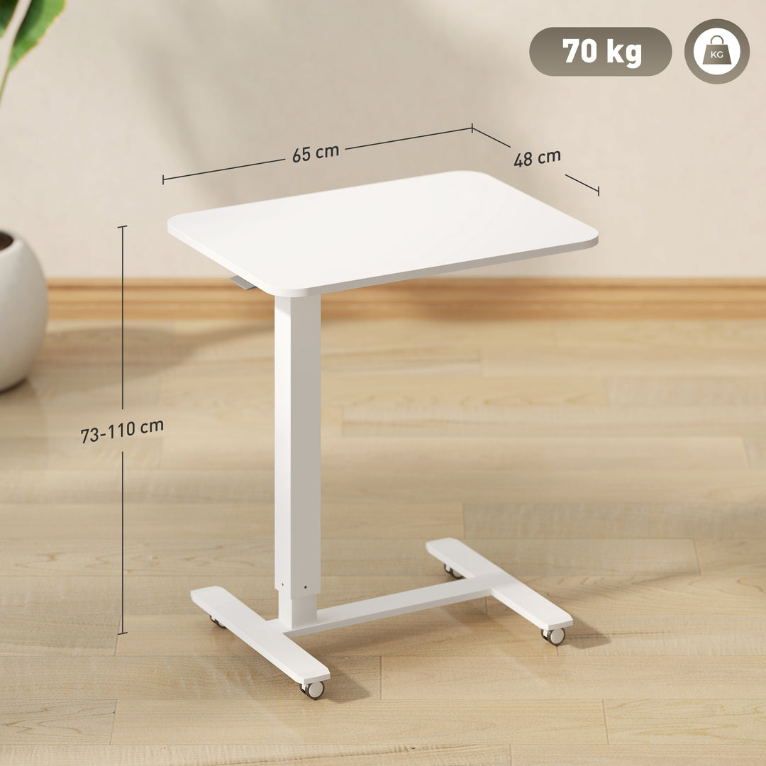 Height Adjustable Standing Desk, Pneumatic Sit Stand Desk for Laptop, Mobile Overbed Table with Wheels for Home Office, White