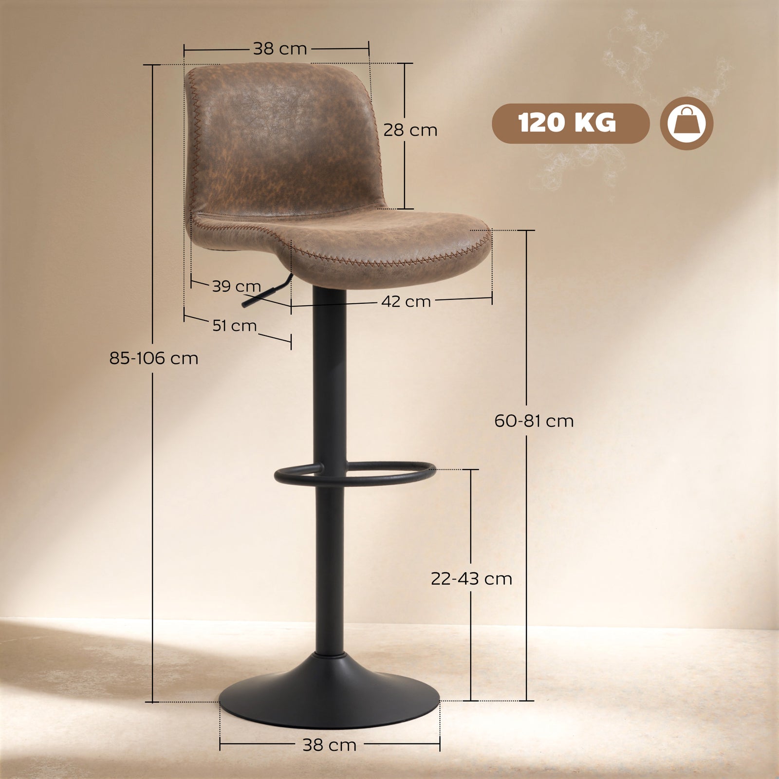 Bar Stools Set of 2, PU Leather Barstools with Backrest and Footrest f