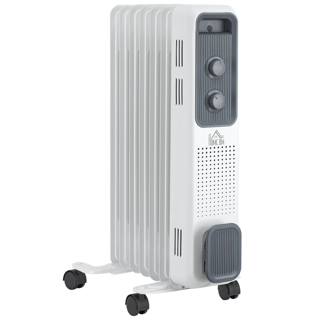 MCL 1500W Oil Filled Radiator, 7 Fin, Portable Electric Heater with 3 Heat Settings, Safety Cut-Off and Wheels, White