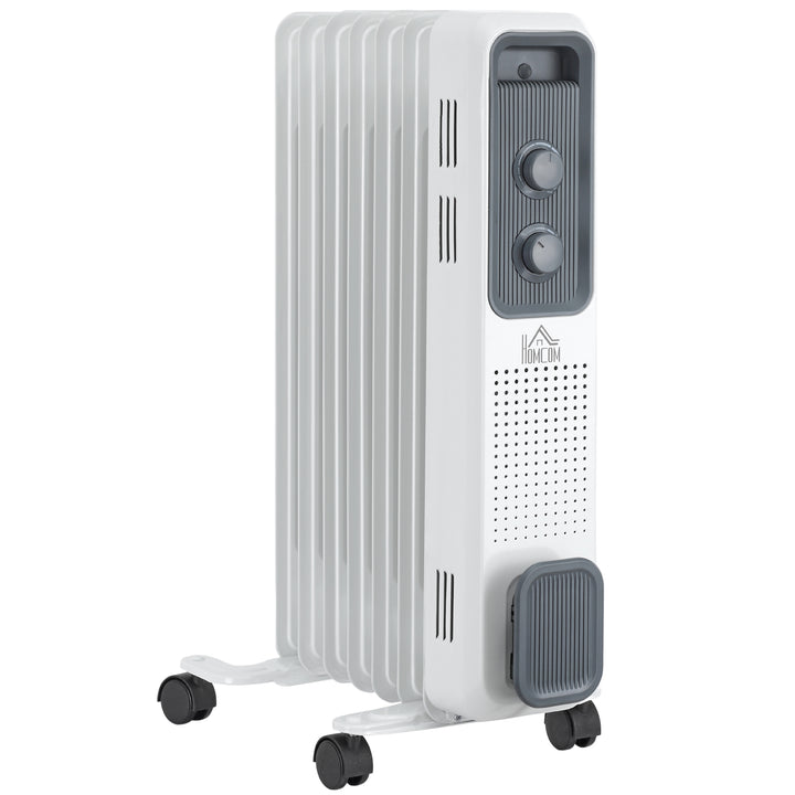 MCL 1500W Oil Filled Radiator, 7 Fin, Portable Electric Heater with 3 Heat Settings, Safety Cut-Off and Wheels, White