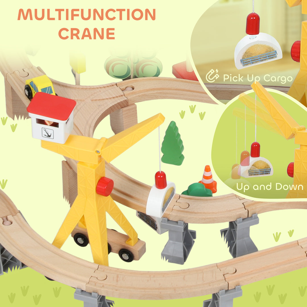 MCL 133-Piece Wooden Train Set, Toy Train with Crane, Storage Box, for Kids Ages 3+