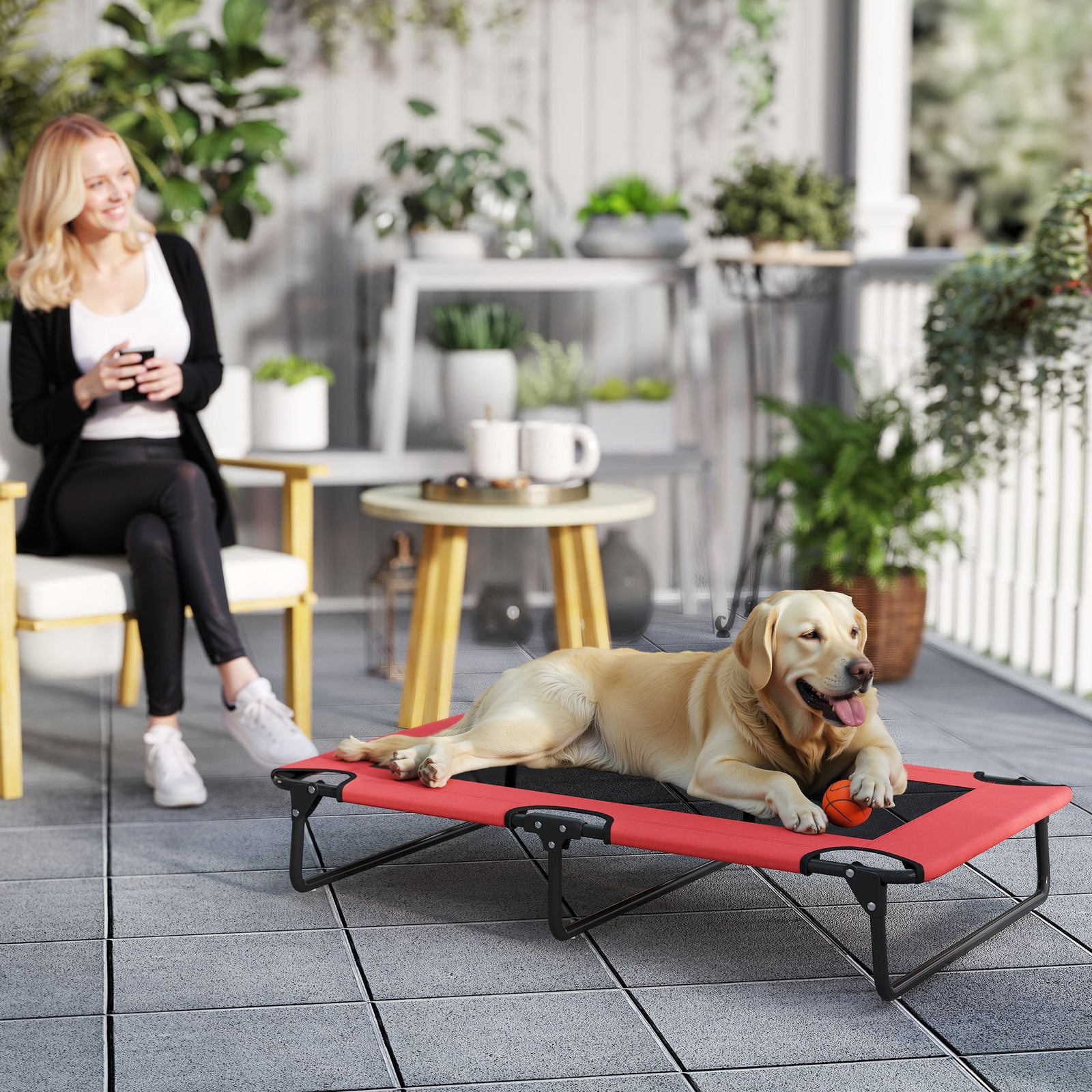 Portable Raised Dog Bed, Elevated Pet Cot with Breathable Mesh for Indoor Outdoor, for Large Dogs, Red