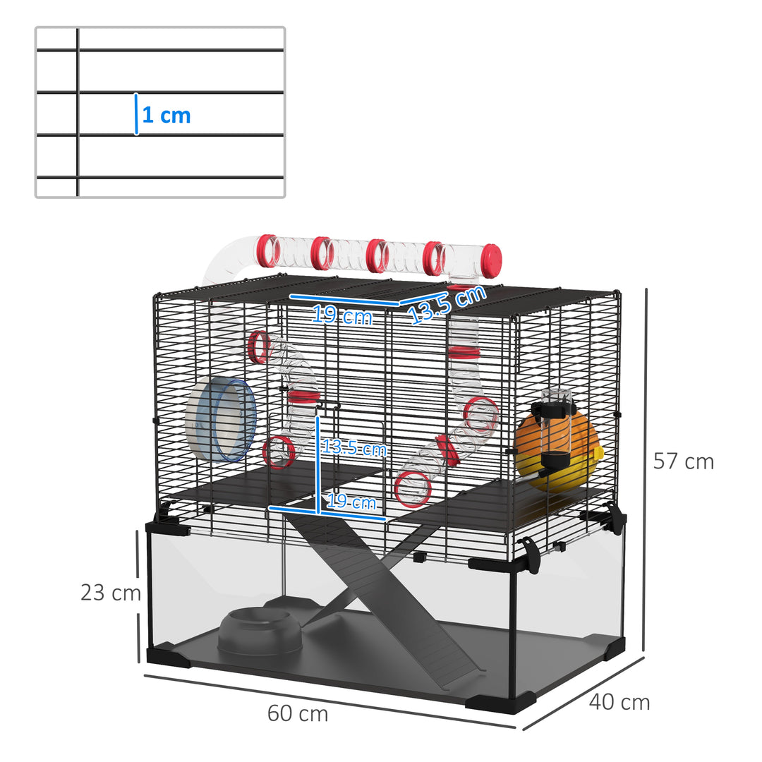 PawHut Gerbil Cage Dwarf Hamster Cage, with Deep Glass Bottom, Tunnels, Hut, Exercise Wheel, 60 x 40 x 57cm | Aosom UK