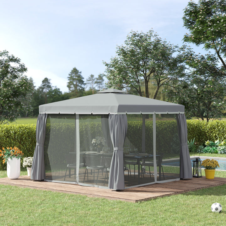 Outsunny 3 x 3(m) Patio Gazebo Canopy Garden Pavilion Tent Shelter Marquee with 2 Tier Water Repellent Roof, Mosquito Netting and Curtains, Dark Grey