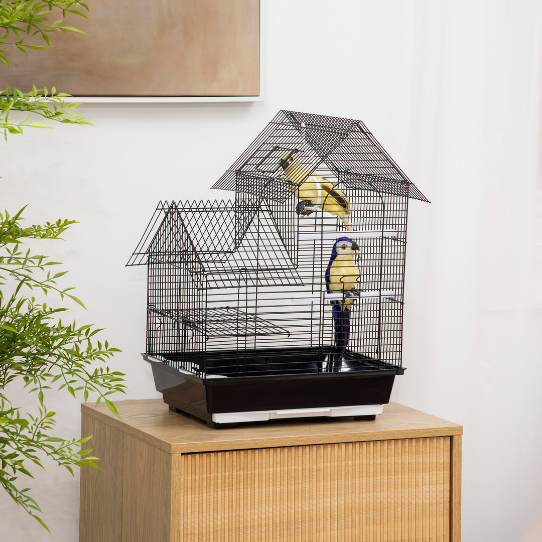 PawHut Metal Bird Cage w/ Stand, Parrot Cockatiel Budgie Finch Canary, Includes Food Containers Swing Ring Tray, Black, 39 x 33 x 47 cm | Aosom UK