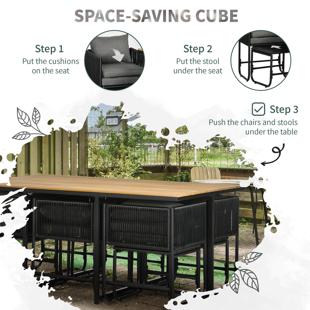 10 Seater Rattan Cube Garden Furniture Set, Rattan Dining Set with Cushions, Outdoor Dining Table and Chairs with 6 Armchairs, 4 Stools, Rectangular Wood Grain Plastic Top Table, Black
