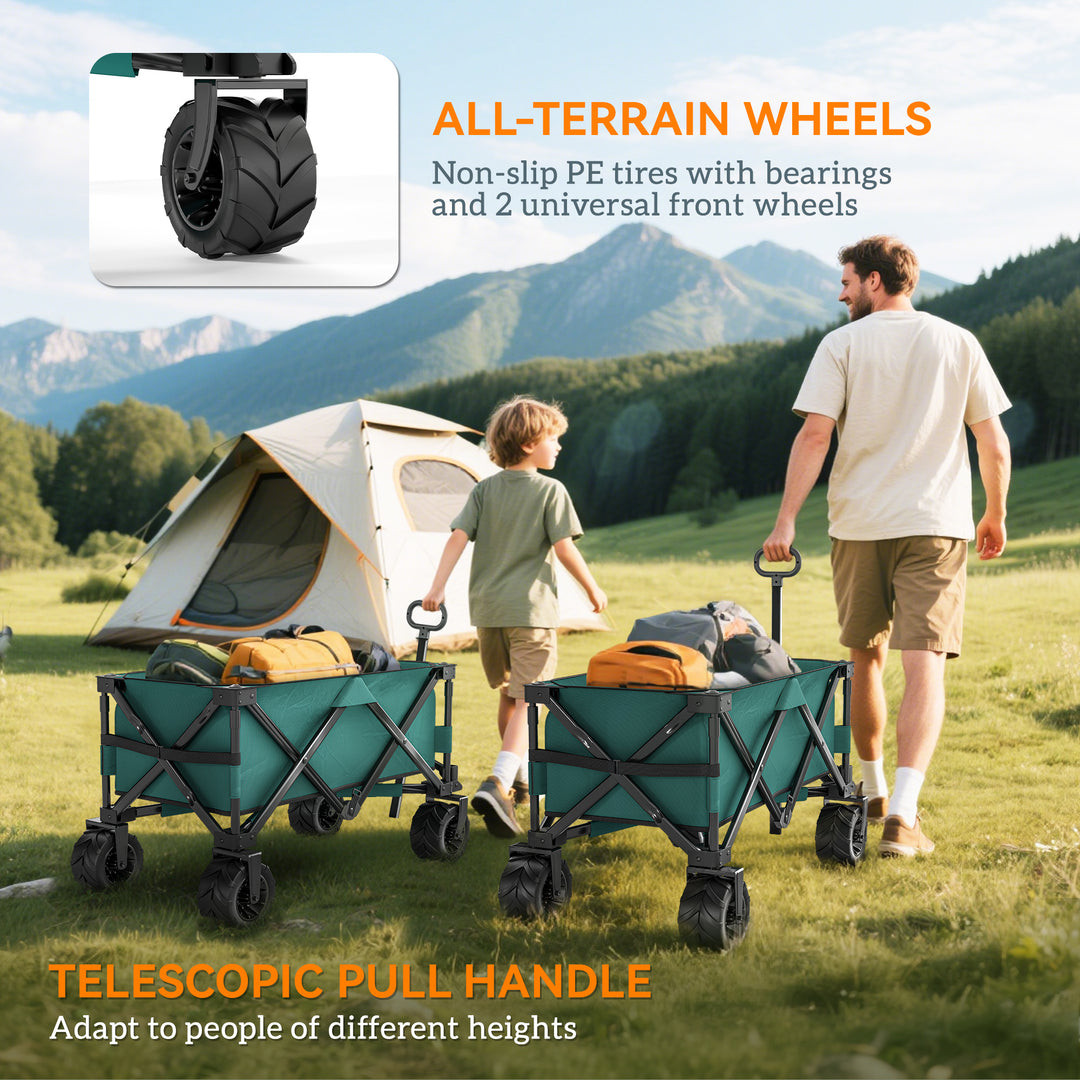 140L Festival Trolley on Wheels, Folding Camping Trolley Cart with Telescopic Handle, Big Wheels for Outdoor Garden Beach Fishing, Green