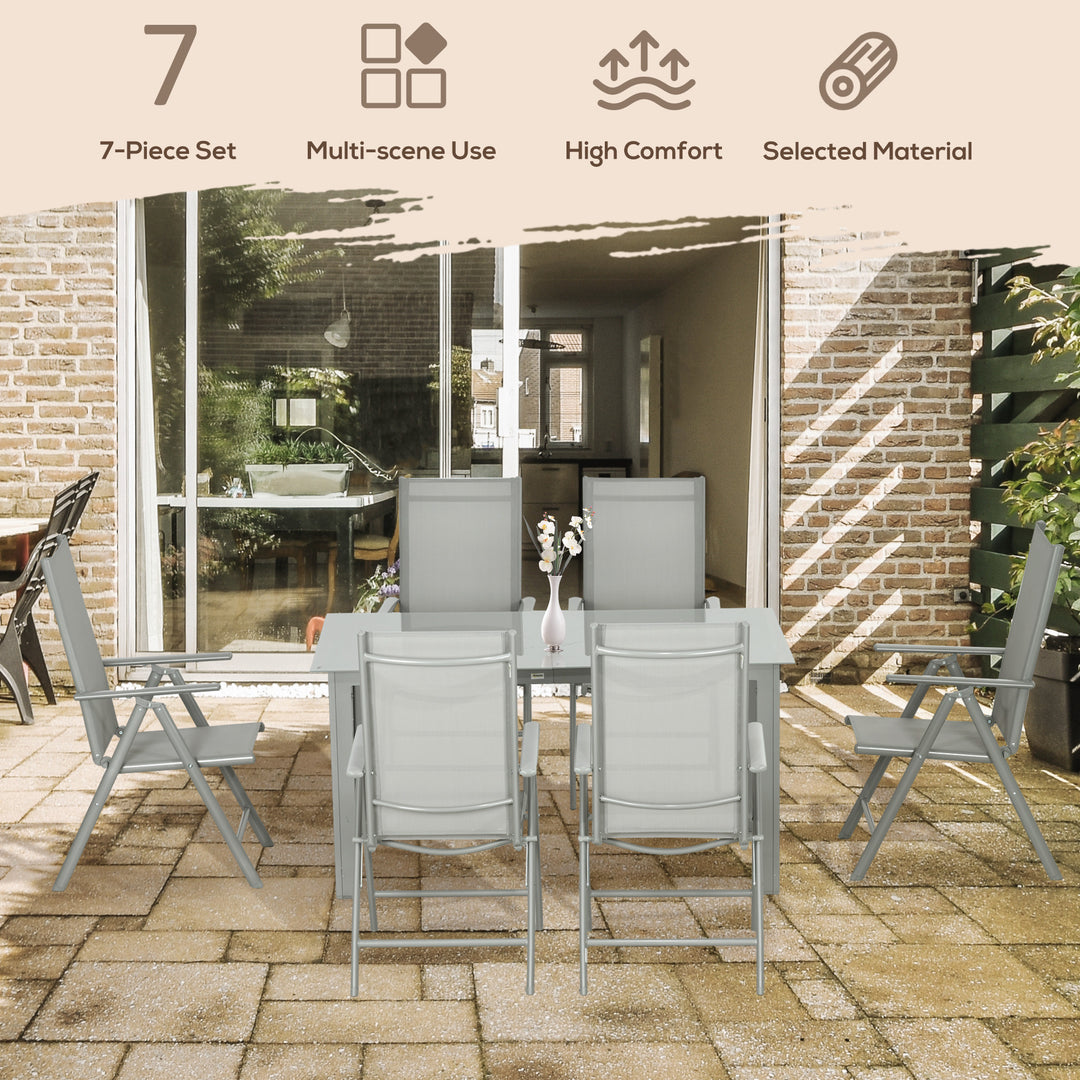 Outsunny 7 Piece Garden Dining Set, Outdoor Table and 6 Folding and Reclining Chairs, Aluminium Frame, Tempered Glass Top Table, Texteline Seats, Grey