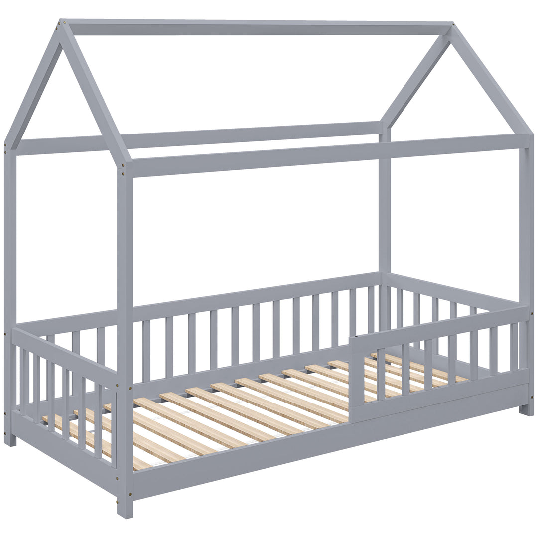 House-Shaped Kids Bed Frame with Guard Rails, Solid Pine Wood Single B