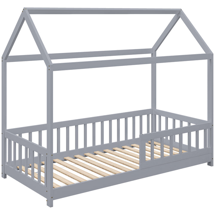 House-Shaped Kids Bed Frame with Guard Rails, Solid Pine Wood Single B