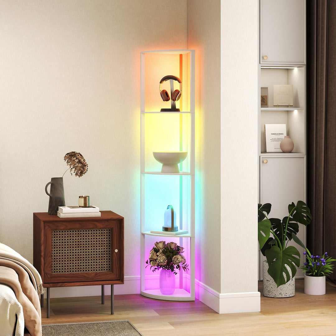 RGB LED Floor Lamp with Shelves, 5-Tier Dimmable Standing Lamp with Adjustable Brightness and Remote Control, Modern Corner Display Shelf Unit for Living Room Bedroom Office