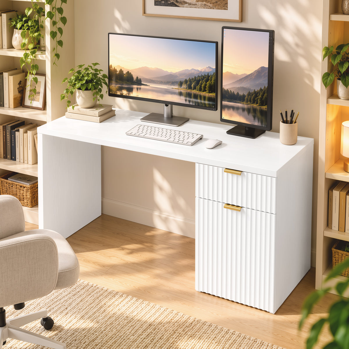 Computer Desk with Drawer, 120 cm Reversible Office Desk, Cabinet - view 2