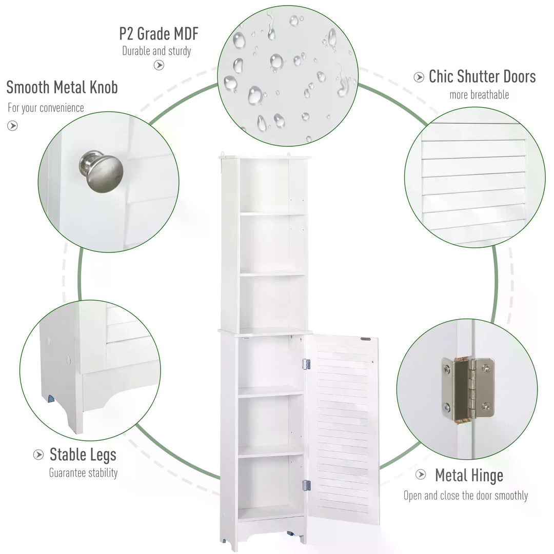 HOMCOM Freestanding Tallboy Bathroom Storage Cabinet w/ 6 Shelves Cupboard Tower Organisation Home Bathroom Furniture White | Aosom UK