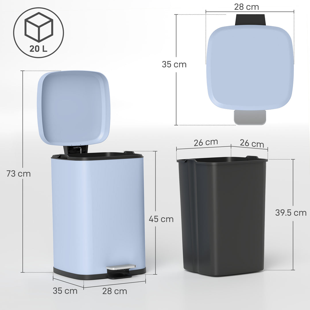 20L Modern Boxy Metal Home Kitchen Bin - Light Blue