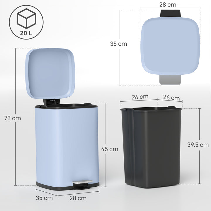 20L Modern Boxy Metal Home Kitchen Bin - Light Blue