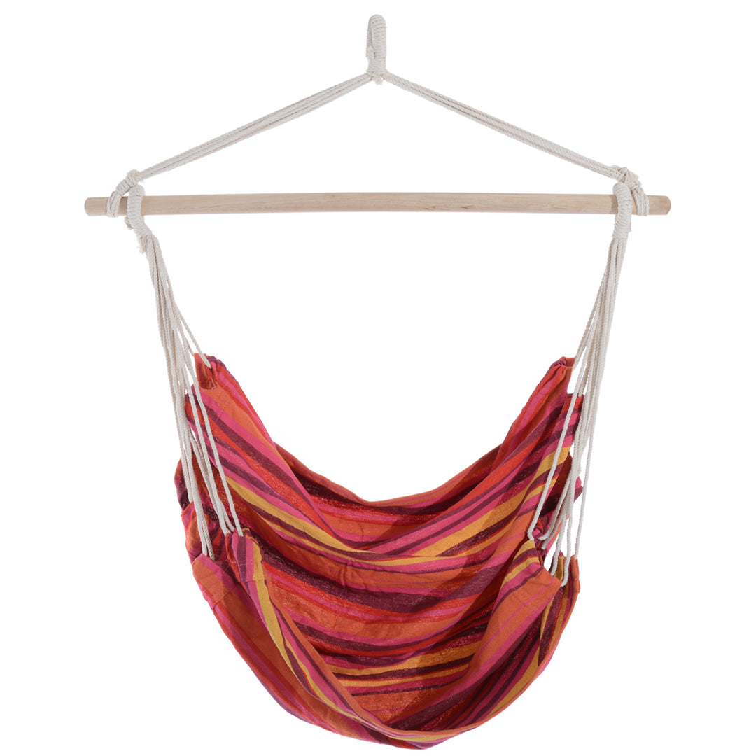 Outdoor Hanging Rope Chair with Cotton Rope, Garden Hammock Chair with Wooden Support Bar Cotton Cloth, Portable Garden Chair for Patio & Tree, Red