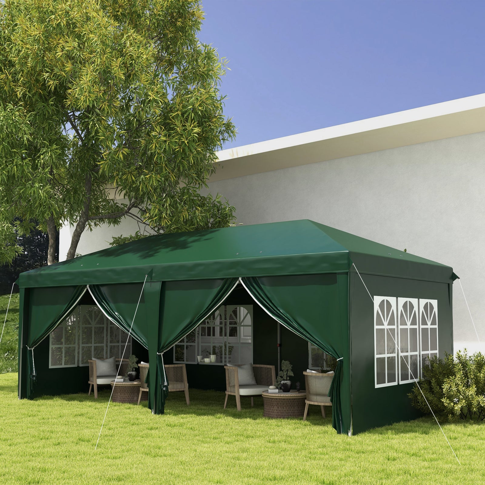 3 x 6m Pop-Up Gazebo, with Curtain Walls and Windows - Dark Green