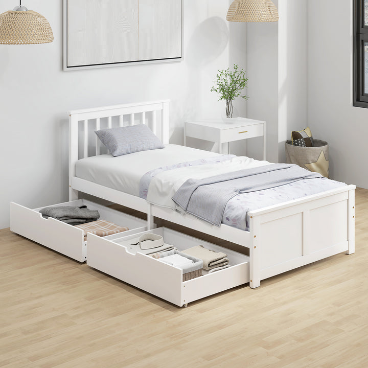 Wooden Single Bed Frame, with Drawers - White