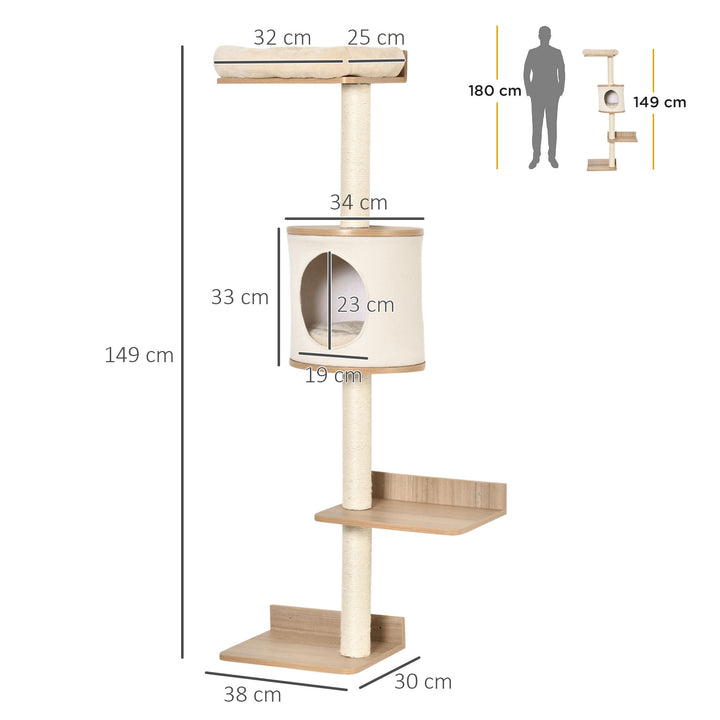 Wall-Mounted Cat Tree, with Cat House, Bed, Scratching Post - Beige