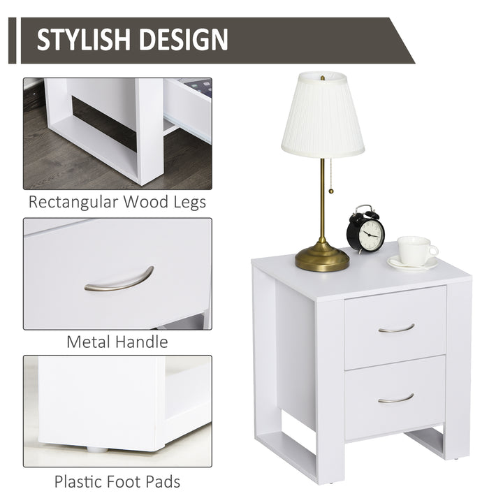 HOMCOM Bedside Table with 2 Drawers, Modern Boxy Design, Elevated Base, Melamine Finish, Bedroom Storage, White | Aosom UK