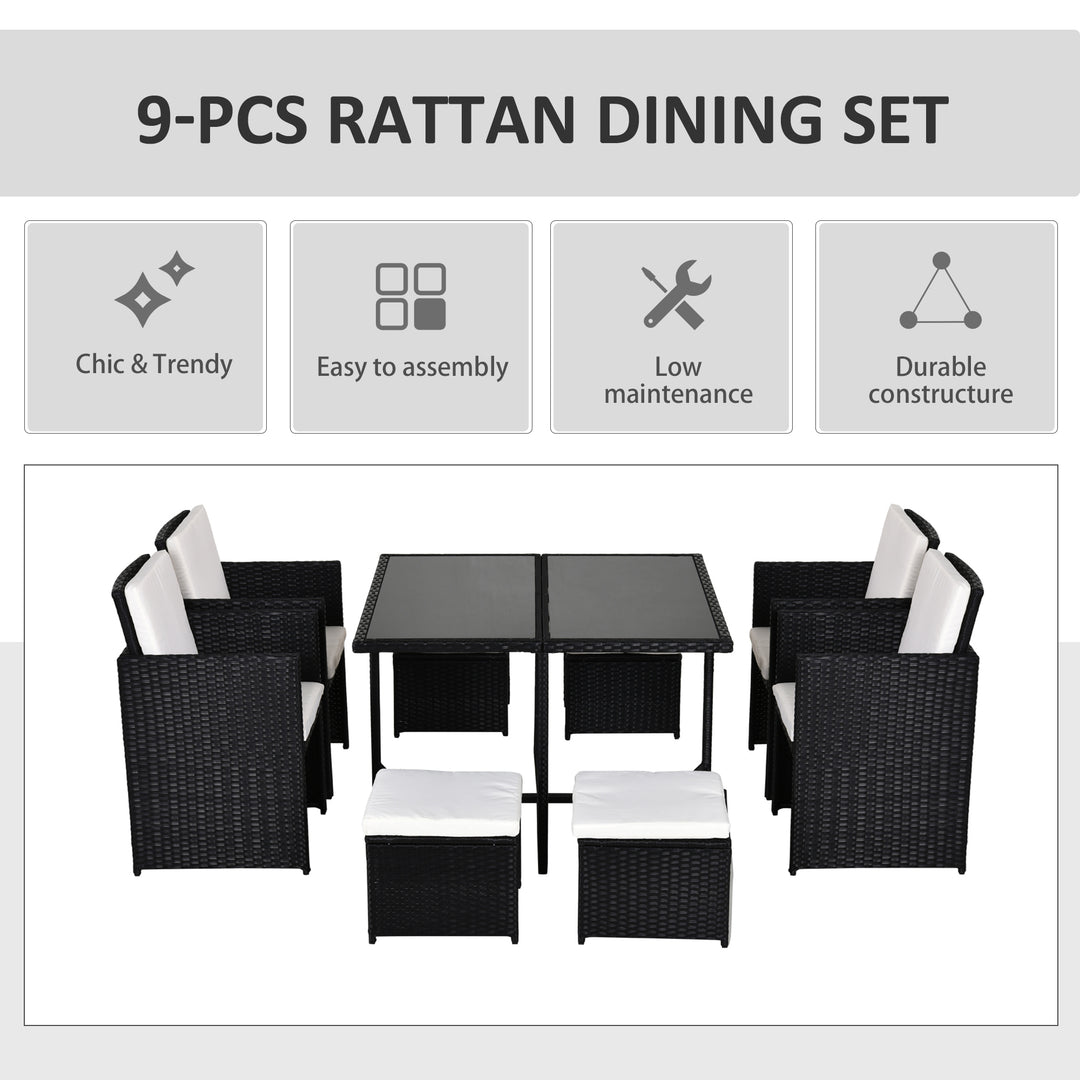 8 Seater Rattan Cube Garden Furniture Set, Rattan Dining Set with Cushions, Outdoor Dining Table and Chairs with 4 Armchairs, 4 Stools, Square Glass Top Table, Black
