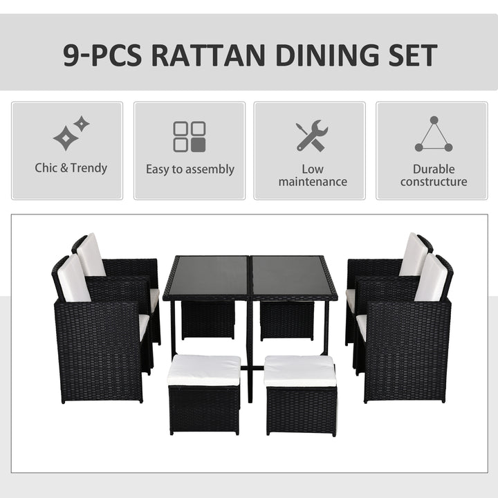 8 Seater Rattan Cube Garden Furniture Set, Rattan Dining Set with Cushions, Outdoor Dining Table and Chairs with 4 Armchairs, 4 Stools, Square Glass Top Table, Black