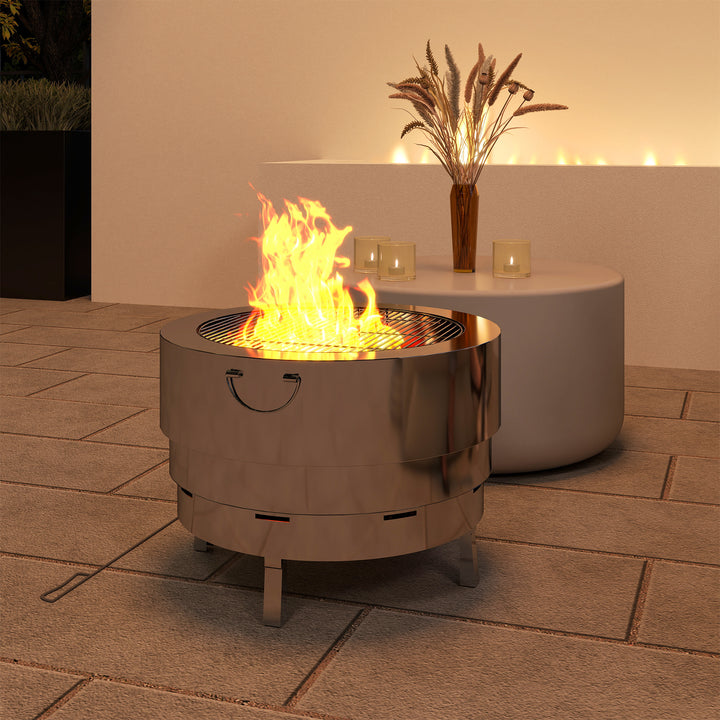 Stainless Steel Wood-burning Fire Pit with Fire Poker - Silver