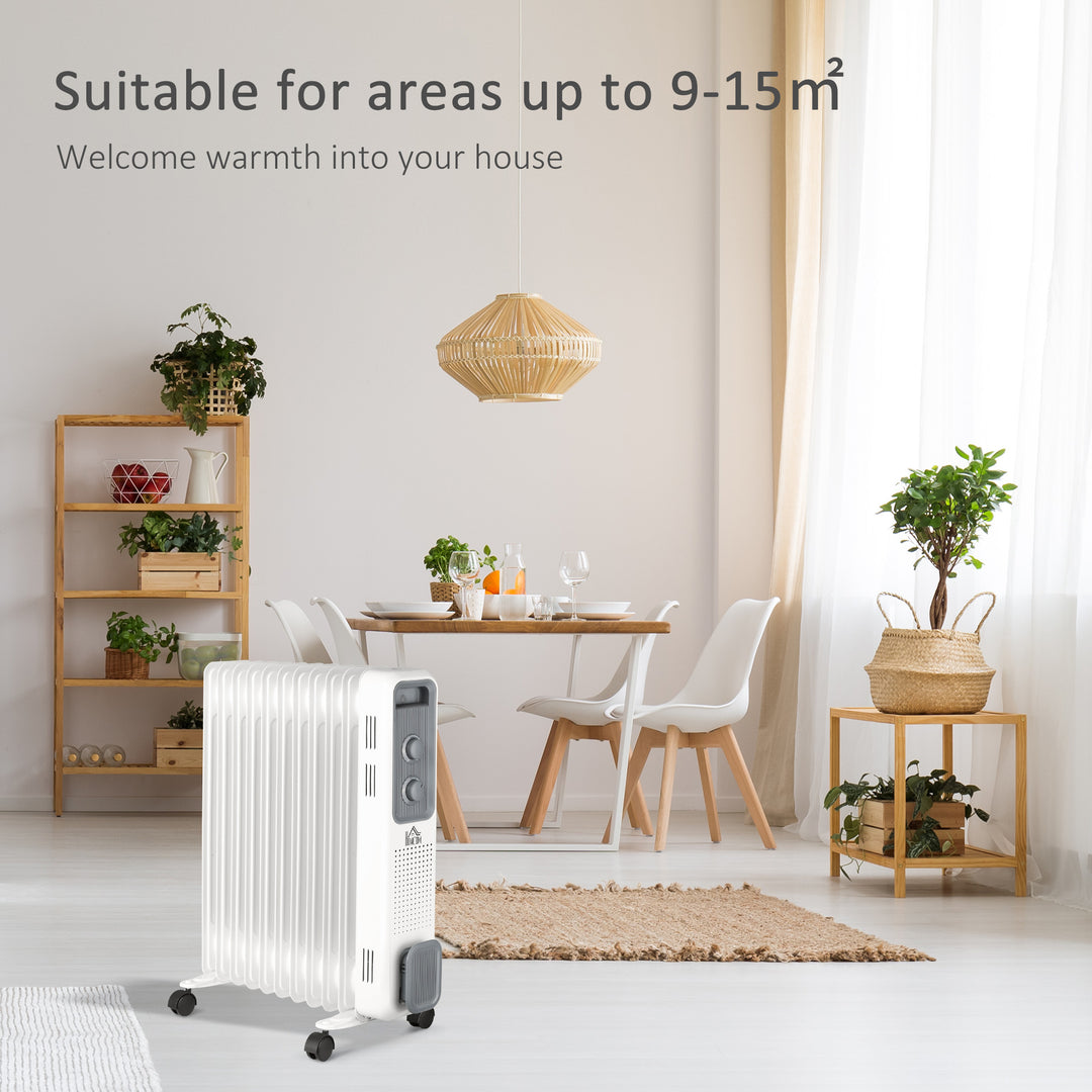 MCL 2500W Oil Filled Radiator, 11 Fin, Portable Electric Heater with 3 Heat Settings, Safety Cut-Off and Wheels, White