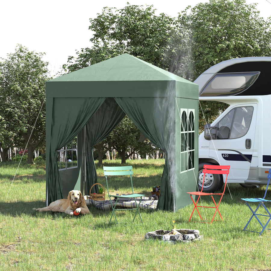 2 x 2 m Garden Pop Up Gazebo, Wedding Party Tent Marquee, Water Resistant Awning Canopy with Sidewalls, Windows, Carry Bag, Green